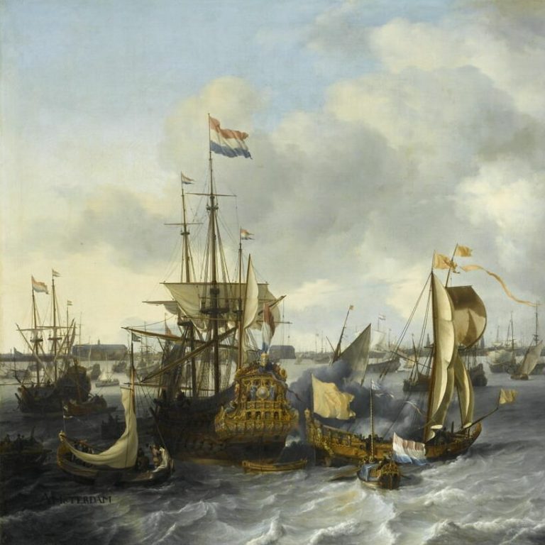 Backhuysen, vue Amsterdam avec bateaux, 1666